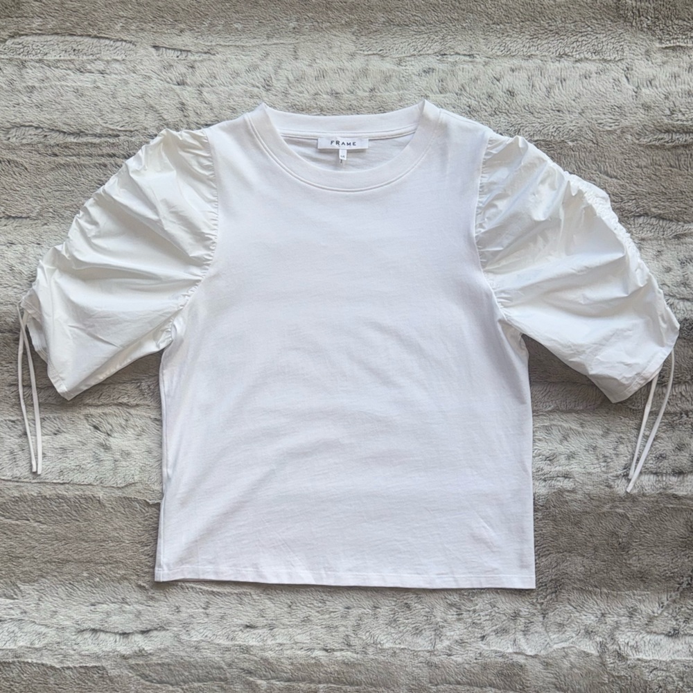 FRAME💕Ruched Tie Sleeve Tee in Blanc Size L - Picture 6 of 15